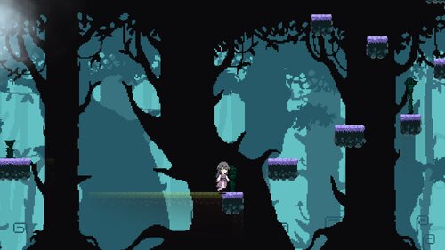 青緑色の深い森を進む主人公のゲーム画面
